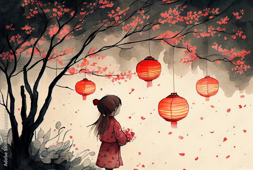 Ren Ri Chinese new year traditional watercolor illustration with copy space ...