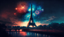 Abstract Painting Concept. Colorful Art Of The Eiffel Tower In Paris With Fireworks. Generative AI.