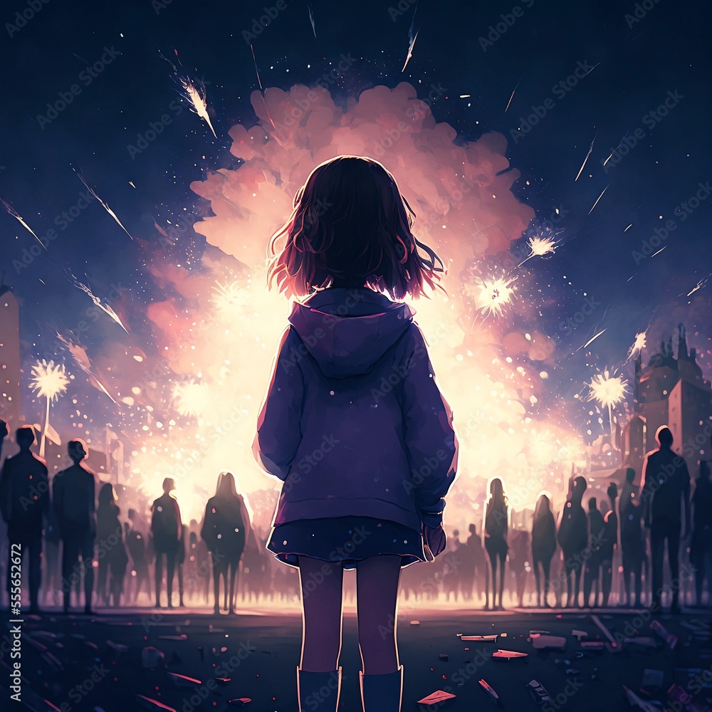 Anime girl watching fireworks digital illustration