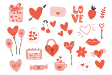 Valentine's Day  Elements Set.Hearts, Cup, Flowers, Kiss,and Gift Boxes.