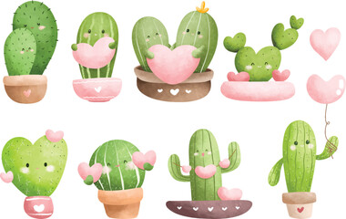 Wall Mural - Watercolor Illustration Set of cute love cactus