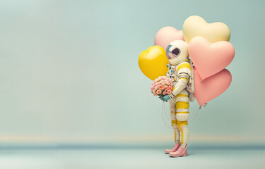 Futuristic love alien warrior astronaut robot in cyber suit, helmet made of fresh Spring flowers and hearts balloon, mask portrait. Valentine's Day from space. A fictional 3d character, Generative AI.