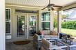 Covered outdoor patio in a new construction house home with guest seating