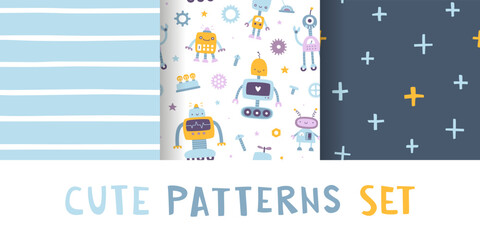Wall Mural - cute naive robot pattern set. seamless vector prints collection for baby boys textile and apparel.
