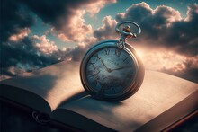 Old Pocket Watch On Bible Book. Passing Of Time Concept. Clouds And Sky. Fantasy Scene. Generative Ai. 