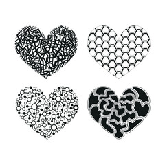 Canvas Print - Collection of monochrome illustrations of abstract hearts in sketch style. Hand drawings in art ink style. Black and white graphics.