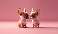 Two Cute Dogs In Love On Pink Empty Background. Puppys Celebrating Valentine’s Day. Pets Close To Eachother In Cartoon Style. Fictitious Generative Ai