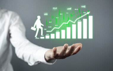 Wall Mural - Man climbing graph and stock market statistics.