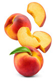 Fototapeta  - Peach isolated. Whole peach flying with a slice on white background. Falling peach fruit with leaf and cut pieces. Full depth of field.