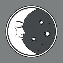 Moon With Face - Retro Style Illustration Isolated On A Dark Background. Vector Illustration