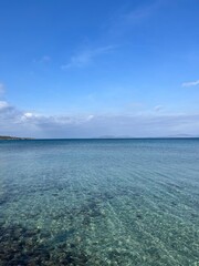 Transparent sea surface, blue sea horizon, blue seascape background