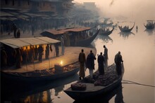 Illustration Of An Indian Market By A River At Dusk. River Full Of Indian Shikaras Boats. Bustling With Activity Indian Bazaar By Water. Vibrant Market In India With Silhouettes Walking. Generative Ai