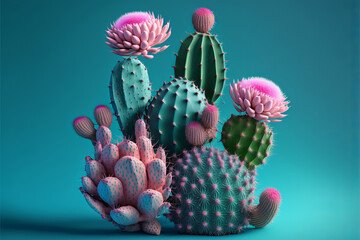 Colourful cactus plant against blue background. Generative ai