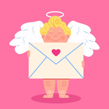 Cute Cupid Angel Isolated On A Pink Background. Valentine's Day Vector Illustration