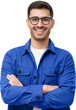 Portrait of young happy laughing man wearing blue shirt and eyeglasses, holding arms crossed