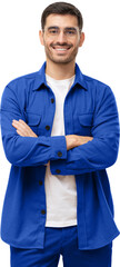 Young male teacher standing with crossed arms, wearing casual blue shirt, looking at camera