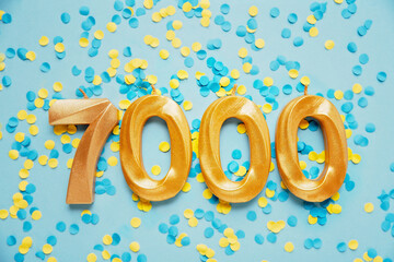 Wall Mural - 7000 seven thousand followers card. Template for social networks, blogs. on yellow and blue confetti Festive Background media celebration banner. 7k online community fans. 7 seven thousand subscriber