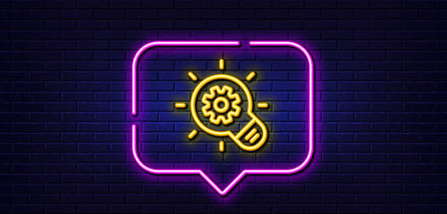 Canvas Print - Neon light speech bubble. Cogwheel line icon. Engineering tool sign. Idea bulb symbol. Neon light background. Cogwheel glow line. Brick wall banner. Vector