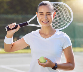 Canvas Print - Tennis sports, game portrait and woman training for health on court, happy at professional sport event and smile at outdoor competition. Young athlete girl doing exercise for match in summer