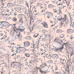 Naklejka na meble Sea life. Hand drawn fish, algae and shels. Seamless pattern.