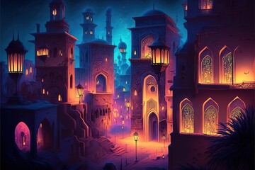 Fairy-tale Arabian night city with towers and mussels. Night neon oriental city. Fantasy urban arabic landscape. AI