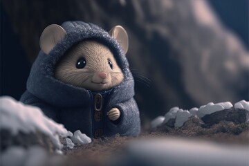 a cartoon mouse in a hooded jacket standing in a snowy landscape with mountains in the background and snow on the ground., generative ai, generative ai