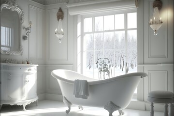 White classic bathroom interior with large window and lots of light, white antique clawfoot bathtub. White interior, classic, majesty. AI