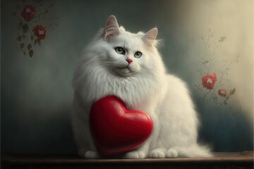 Wall Mural - a white cat holding a red heart on a table with flowers in the background and a painting of a cat behind it., generative ai, generative ai