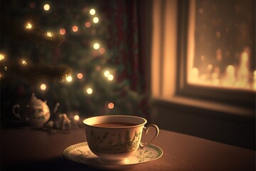 Wall Mural - a cup of coffee sitting on a saucer next to a christmas tree with lights on it and a lit window., generative ai, generative ai