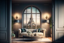 Light Classic Interior Of An Apartment In France With A Large Window And A View Of The Eiffel Tower. AI