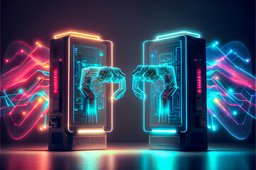 Two computers from which a robot hand emerges shaking hands with each other with wonderful lights that suggest creativity