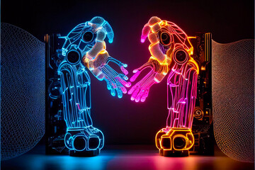 Wall Mural - Two computers from which a robot hand emerges shaking hands with each other with wonderful lights that suggest creativity