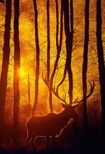 Wild Deer In The Evening Sunlight In The Autumn Forest. Autumn Forest And Beautiful Deer. 3D Rendering