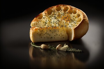 a piece of bread with a sprig of herbs on it and a slice of garlic on the side., generative ai