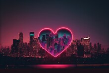  A Heart Shaped Neon Sign In Front Of A City Skyline At Night With A Neon Light In The Shape Of A Heart. Generative AI