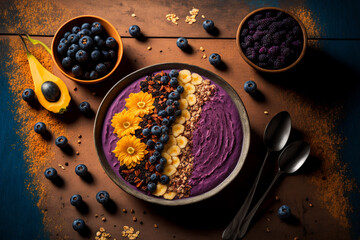 acai fruit smoothie bowl with blueberries oats and flowers on a wooden table 