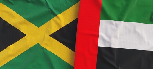 Sticker - Flags of Jamaica and UAE. Linen flag close-up. Kingston, Caribbean. United Arab Emirates. Flag made of canvas. State symbol. 3d illustration.