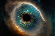 Leinwandbild Motiv Eye fading into the universe. The All Seeing Eye. Nebula with stars and galaxy universe. Eye ball. Macro shot of a blue eye.
