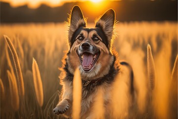 Canvas Print -  a dog is in a field of tall grass with the sun in the background and his mouth open and his tongue out. Generative AI