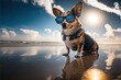  a dog wearing sunglasses on the beach with the sun in the background and clouds in the sky above it. Generative AI