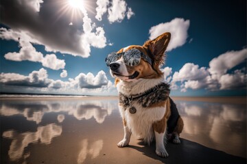 Canvas Print -  a dog with a hat and goggles on sitting on the beach with a cloudy sky in the background. Generative AI