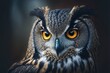  a close up of an owl with yellow eyes and a black background with a blurry background behind it. Generative AI