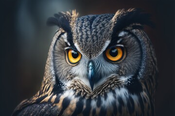 Wall Mural - a close up of an owl with yellow eyes.