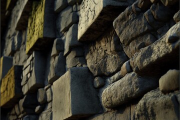 Poster -  a close up of a stone wall with a clock on it's side of it's face. Generative AI