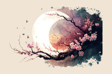 An Artistic Landscape With A Cherry Tree, Cherry Blossoms And Sunset Painted With Watercolor Texture In Vintage Style. Isolated On Background. Cartoon Flat Vector Illustration