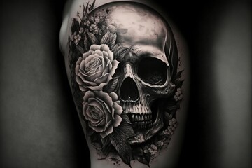 Canvas Print -  a skull with roses on it and a rose on the side of the thigh tattoo by tattooist mike. Generative AI