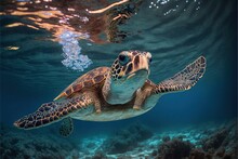  A Turtle Swimming In The Ocean With A Lot Of Water Around It's Neck And Head Above The Water Surface.