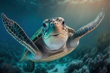  A Green Turtle Swimming In The Ocean With A Sunbeam Above It's Head And A Coral Reef Below.
