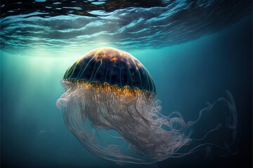  a jellyfish swimming in the ocean with a light shining on it's head and body. Generative AI