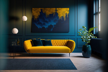 Canvas Print - A huge living room's accent lounge. blue and yellow hues. Dark blue wall that is empty and a bright yellow sofa with mustard undertones. a mockup of a contemporary interior. Generative AI